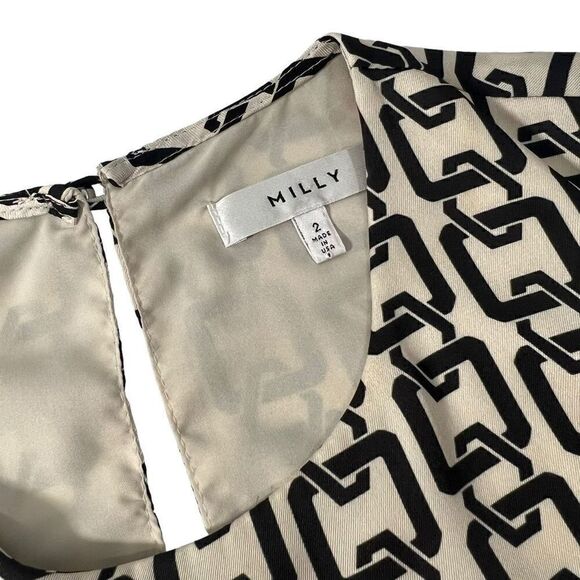 Milly Women's Black & White Keyhole Holly Bell-Sleeve Chain-Print Top Size 2 - Picture 3 of 14